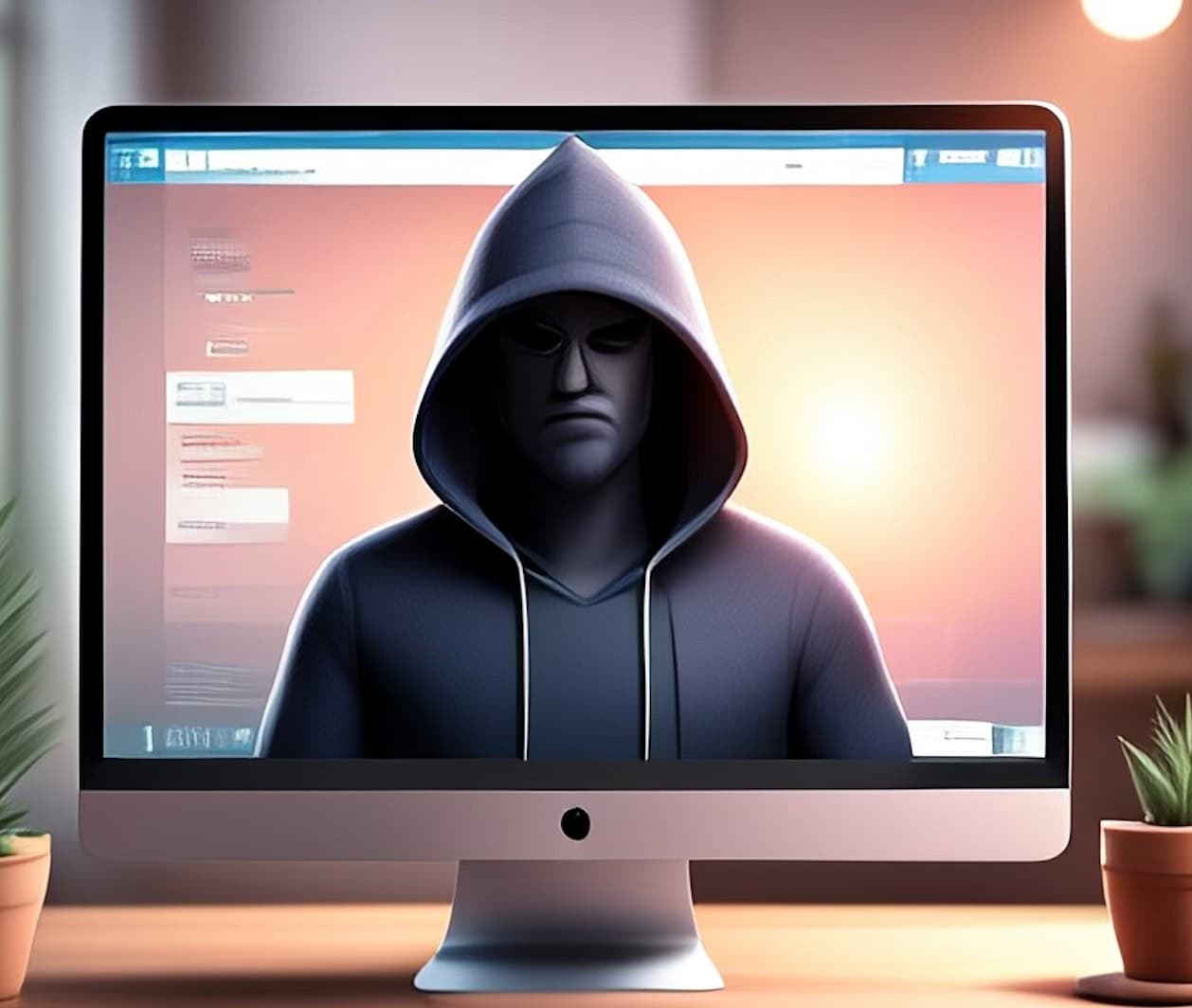 A computer screen displays an image of a person wearing a hoodie with a serious expression, embodying the caution needed to spot and avoid moving scams. The background is blurred, with plants on either side of the monitor.